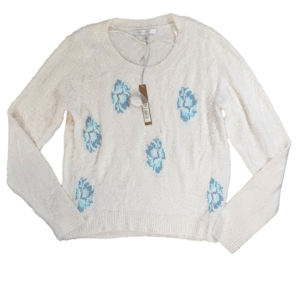 Lauren Conrad Cream Blue Sweater Intarsia Chic Eyelash Floral Soft NWT Sz M